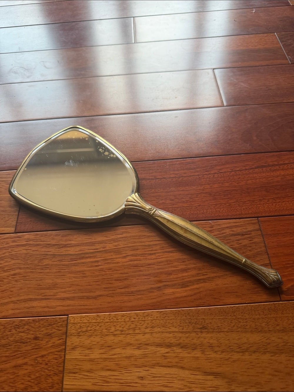 Brass Vanity Hand Mirror Ornate Floral Embossed Gold Tone Art Deco Hollywood